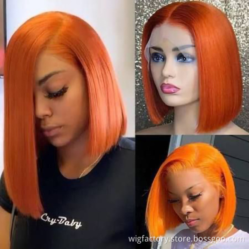 New cheap short bob ginger orange wig, 100% human hair orange bob wig, 13x6x1 T part orange ginger lace front wig